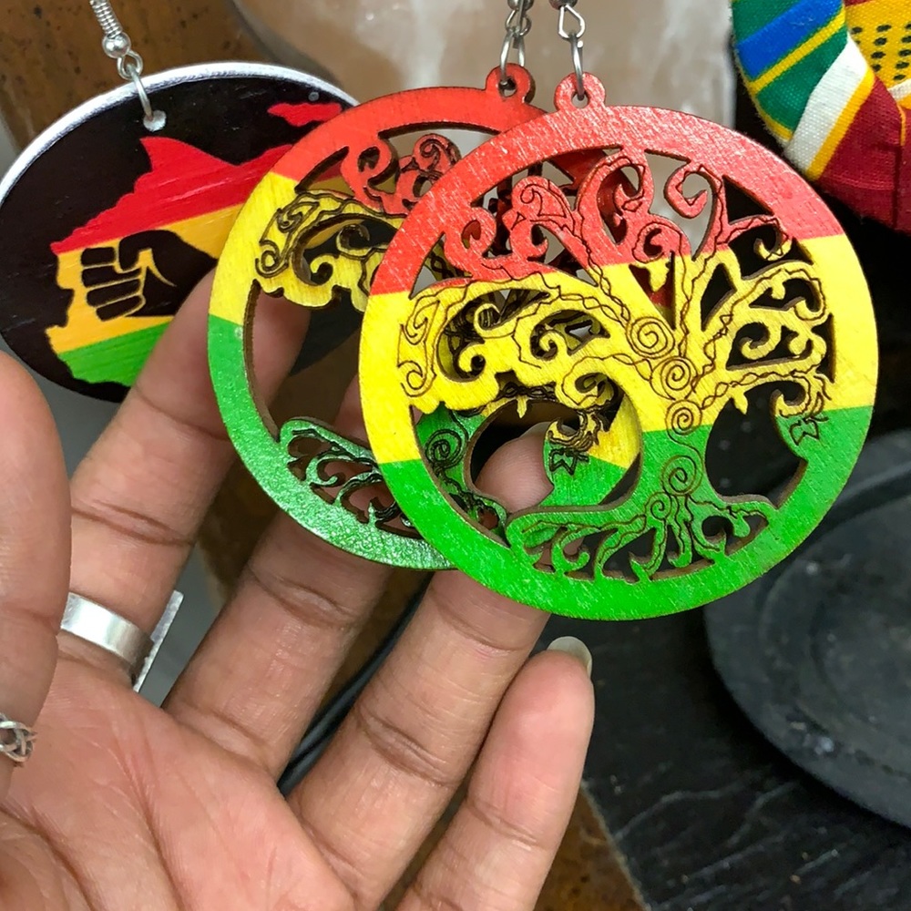 Wooden painted tree of life earrings